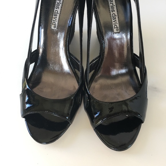 CHARLES DAVID Black Patent Leather Wedge Size 7.5B - Picture 2 of 7